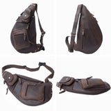 クレイジーホースレザーバッグ - 軽量本革クロスボディ。4方向からの詳細ビューで、形状や収納性を確認できる商品画像。